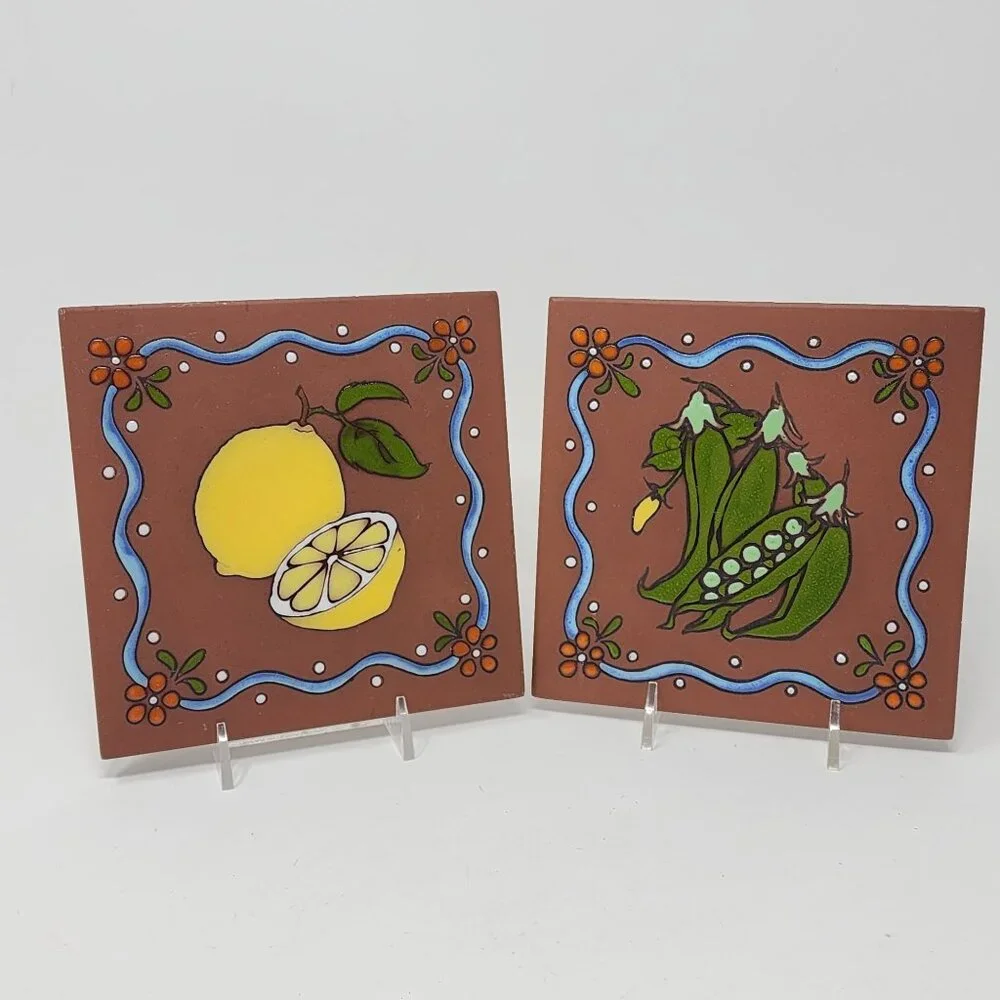 Cleo Teissedre Tile Trivet or Wall Hanging 2 Tiles Kitchen Decor Lemon Peas 6